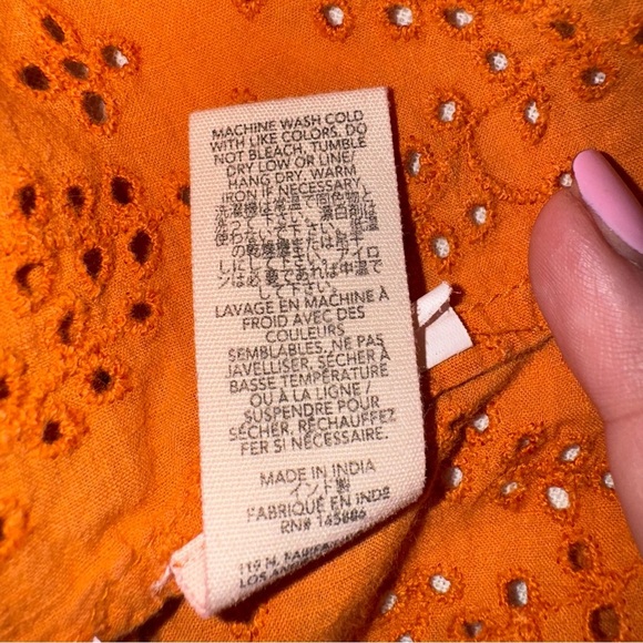 The GREAT. Eyelet Ruffle Blouse Top Orange 3/4 Sleeve Bohemian Boho Chic Size L - Picture 7 of 9